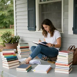 girl studying on a front porch, books all over the place