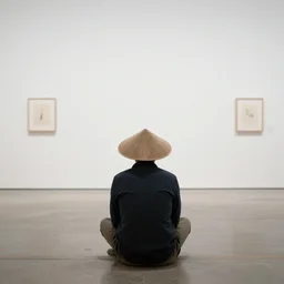 someone wearing a cone hat seen from behind sitting in an empty gallery contemplating over a frame hanging at the opposite wall, photo taken with provia 1967
