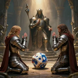 people in fantasy armor praying to the god of dice