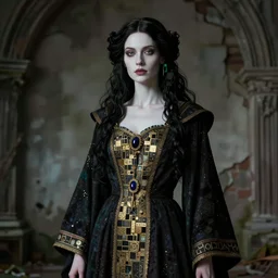 majestic beautiful witch woman portrait, by mothmeister, edmund leighton, rural decay background by james jean, 8 k, elegant ceremonial robe details by gustave klimt, occult, volumetric lighting, porcelain skin, cinematic, high detail, hyper photorealism, low angle, trending on pixiv