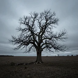 wide-angle lens photo of a big, gnarly dead tree in the middle of a barren field on an overcast day, dark, dramatic, desaturated cold color palette, Nikon 10mm, 4k, high quality