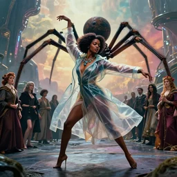 realistic detailed portrait movie shot of a beautiful black woman in a transparent sheer dress raincoat dancing with a giant spider, futuristic sci fi landscape background by denis villeneuve, jean delville, monia merlo, ernst haeckel, alphonse mucha, max ernst, caravaggio, roger dean, sci fi necklace, masterpiece, dreamy, rich moody colours