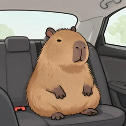 capibara sitting in the back of a taxi, artwork, cartoon