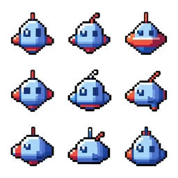 set of shmup items , game asset of six different shmup spaceship pixel art 36 bit, game pack, assets, WLOP, Rossdraws, James Jean, Andrei Riabovitchev, Marc Simonetti, and Sakimichan, trending on artstation , assets, HD , strong contrast, pixel art 36 bit