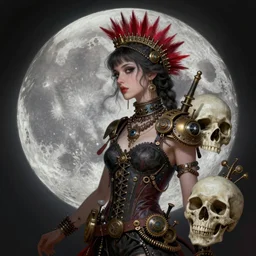 Moon Goddess digital collage, moon, skull, punk, steampunk, fashion, soft, vintage maximalist style, digital painting, 4k, HDR, sharp focus, art by Sandra Chevrier, John Hoyland, teamLab fine art with subtle redshift rendering