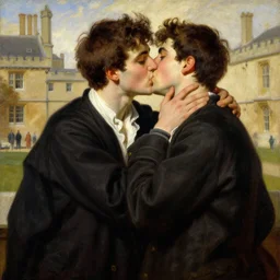 neoclassical painting of two handsome fully clothed oxford university students kissing, leyendecker