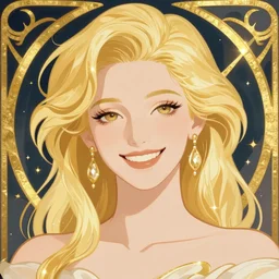 blonde, art nouveau, happy, portrait, smiling, friendly, bright, clever, knowing, flat colors. champagne, gold, love
