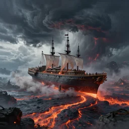ship flying in the sky during a cataclysm with a huge storm and rivers of lava, fantasy, concept art, artstation, hd 4 k