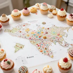 a table with a white map full of sweets and cupcakes. highly detailed 8 k. intricate. nikon d 8 5 0 3 0 0 mm. award winning photography.