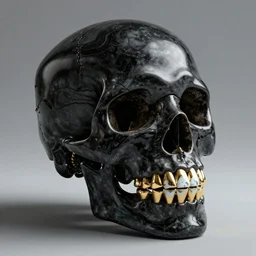 high quality octane render of black skull made of black onyx and porcelain with golden teeth, 3d blender, corona render, digital art