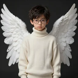 portrait of a scholar angel, fantasy, turtleneck sweater, white wings, cute, shy, glasses, medium shot, illustration, highly detailed, high quality, by ruan jia and wlop,