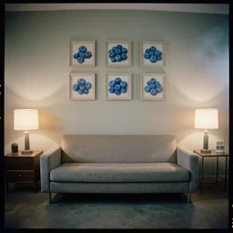 kodak portra 4 0 0, wetplate, 8 mm extreme fisheye, award - winning colour portrait : a 1 9 6 0 s room, 1 9 6 0 s couch, blueberry, square square picture frames, haze, concrete, shining lamps, 1 9 6 0 s metal furniture, smoke, fog, no people