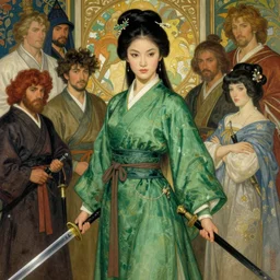 full character of a ancient chinese beauty in green clothes hold two swords, character design, painting by gaston bussiere, katsuya terada, nc wyeth, greg rutkowski, craig mullins, vermeer, frank frazetta, mucha, tom of finland, trending on artstation, jeffery catherine jones