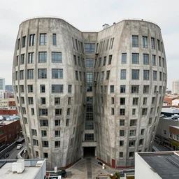 a brutalist building in the shape of a Mobius strip, windows, door, rooftop, urban photography, detailed