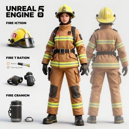character sheet of unreal engine 5 detailed 3 d model of attractive female fire fighter 3 d render, behance, high res model, human,