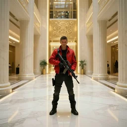 Bank interior elegant bank fancy white marble flooring emissive gold accents glowing dimly lit. man wearing bright red motorcycle jacket. holding rifle tactical. Cyberpunk 2077 man wearing red jacket. blade runner 2049 (2019) movie still 35mm wide angle lens