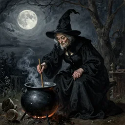 An old wrinkled witch dressed in black stirring her cauldron under the moon light. Oil painting by Francisco de Goya.