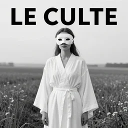 Black and white movie poster of LE CULTE. a woman dressing in white robes wearing white mask in the field, cinematic lighting, dramatic composition, dramatic atmosphere, misty foggy, mystical aesthetic, vogue photography. award winning movie poster from a traditional movie. mystical thriller movie.