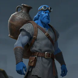 tall grey - blue man wearing a tunic and goggles, huge jug strapped to his back, fantasy art style