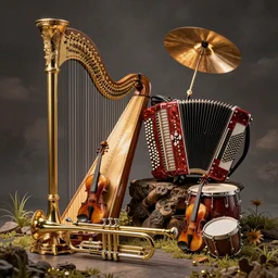a complex whimsical musical instrument trumpet trombone harp violin accordion guitar drum cymbal, product photo