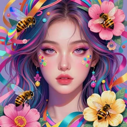 young beautiful woman, gorgeous face, vaporwave aesthetic, synthwave, colorful, psychedelic, artstation, flowers, bees, ribbons, concept art, smooth, extremely sharp detail, finely tuned detail, 8 k, unreal engine 5, ultra sharp focus, illustration, art by artgerm and greg rutkowski and alphonse mucha