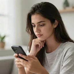 Girl with dark brown hair, on her phone, in a bright room, contemplating if she should join a group chat, trending on artstation, artstationHQ, artstationHD, artstation photorealism, 4k, 8k