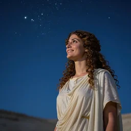 hypatia of alexandria, beautiful ancient greek curly - haired woman, looking at the night sky full of stars, smiling