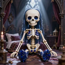 lovely realistic ball jointed high end lapis lazuli skeleton doll with fashion and cute accessories, inside gothic doll manor bedroom, god rays, dust particles, photorealistic, aesthetic shot, worms eye view, macro camera lens, high definition, thematic, cinematic, lens flare