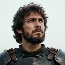 close up picture of a male warrior looking at the sky, angry, sad, rugged, black plate armor, simple, brown skin, messy curly hair, unkempt beard, highly detailed, detailed face, smooth, sharp focus, chiaroscuro, black and white, manga illustration, artgerm, greg rutkowski, alphonse mucha, young adult light novel cover art