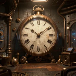 octane 3D render steampunk room with a big watch in the middle