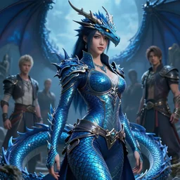 a fancy portrait of an attractive dragon women with blue dragon scales by Greg Rutkowski, Sung Choi, Mitchell Mohrhauser, Maciej Kuciara, Johnson Ting, Maxim Verehin, Peter Konig, final fantasy , mythical, 8k photorealistic, cinematic lighting, HD, high details, atmospheric,