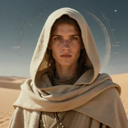 retrofuturistic portrait of a desert wanderer, hood and cloak, space graphics in background, close up, quint buchholz, wlop, dan mumford, artgerm, liam brazier, peter mohrbacher, raw, featured on artstation, octane render, cinematic, elegant, intricate, 8 k