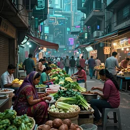 A beautiful,  surreal, India in a cyberpunk futuristic setting, people haggling with street vendors, ladies buying vegetables, full of details, hyper realistic, trending on artstation, 8K, HD