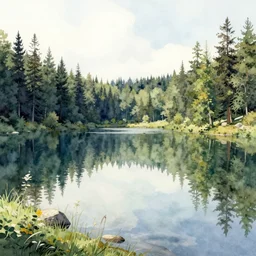 A very highly detailed watercolor painting by Greg Rutkowski of a secret lake made of pure gold, guarded by an Ancient Acid Dragon with very vibrant, bright green scales in the middle of a dense, green forest, with lots of very tall trees, in the evening.