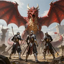 3 knights with spears fighting a huge red dragon, fantasy art, octane render, hyperrealistic, unreal engine 8k, artstationHD, Digital art, detailed