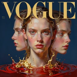 3 d, close - up, boiling liquid gold and red water, frown fashion model, vogue cover style, poster art, high detail, intricate oil painting, multiple exposure, deep blue mood, hyperrealism, 3 d, by tooth wu and wlop and greg rutkowski