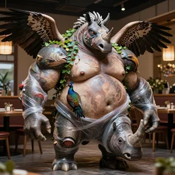 a high resolution photo of a complex merged obese creature in a restaurant, musclular horse arms map creature made of fishlike class aves skin veins merged rhino, bump map strangled by plastic wrap bower bird creature wrinkles pheasant, ivy complex feathers exotic morphing hoopoe, zebra morphing wings king vulture head
