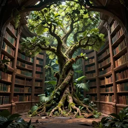 a rainforest tree growing inside a decaying old library, highly detailed, intricate detail, magical lighting, dramatic scenery, beautiful 3 d rendering, octane render, trending on artstation
