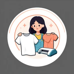 a cartoon circular logo with a woman inside holding a t-shirt, cricut machine, crafts.