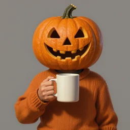 jack Pumpkinhead wearing a sweater and holding a mug that is shaped like a human head, highly detailed, centered, solid color background, digital painting, artstation, concept art, smooth, sharp focus, illustration, donato giancola Joseph Christian Leyendecker, Les Edwards, Ed Repka, Basil Gogos, WLOP, Artgerm