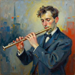 a beautiful abstract painting of a man playing a flute in the style of anatole krasnyansky, trending in deviantart, 4k, high detail