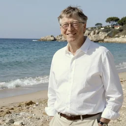 detailed cinematic shot of bill gates with white clothes in the mediterranean beach, spring light, painting by gaston bussiere, craig mullins, j. c. leyendecker