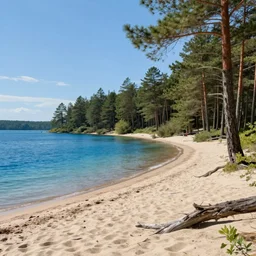 on the sandy beach of a blue lake in a pine forest, hyperrealism, no blur, 4 k resolution, ultra detailed, style of tyler edlin, tom bagshaw, arthur rackham, ivan shishkin