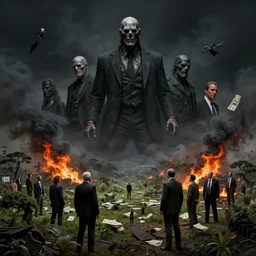 a dark apocaliptic poster artwork of giants men politicians money-grubbing watch from above diorama of the nature near of Rosario Argentina, with fires and black smoke, ambitious, money-grubbing politicians watch from above, Award winning photo, iridiscense, german experssionism, Houdini algorithmic generative render, dramatic lighting, Accurate and detailed, sharp focus, octane render 8k , zoom out