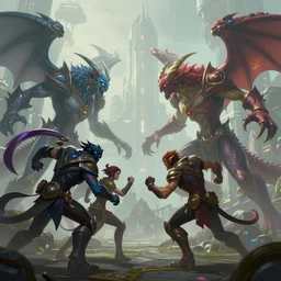 hyperrealism fantasy creatures fight scene with characters from league of legends portrait, digital art, wallpaper of an fantasy fight, background of sci fi city in fog, diffused lighting, 8 k dop hdr, normal scaled