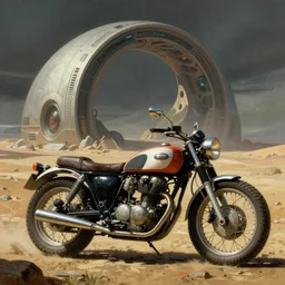 motorcycle, moebius and ralph mcquarrie style, vintage classic motorcycle, retro futuristic sci - fi painting illustration, blade runner 2 0 4 9