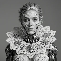 surreal black and white photo portrait of complex biomechanical Nicole Aniston cyborg with a mandelbrot fractal metal fine lace face, silver hair, 150 mm lens, soft rim light, fine metal floral foliage super big lace collar, Alexander McQueen, high fashion, haute couture, rococo, steampunk, silver filigree details, anatomical, facial muscles, cable wires, microchip, elegant, hyper realistic, octane render, unreal engine, by Man Ray and Dora Maar, volumetric lighting, 8k,
