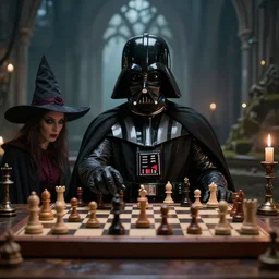 darth vader playing chess with a witch