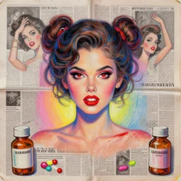 a handmade collage painting with newspapers of a girl from 1 9 8 0 s, red eyes, drug bottles, neon colored pills, high detailed, retro style painting, retro pastel colored palette, grain and texture, dancing heads, illustration, oil pastel drawing, symetrical, in the middle, looking to camera, high shoulders, gradient lighting at the back, sharp teeth, red paint stains, extremely elegant drawing, looking straight, lens correction, sharp focus, 8 k