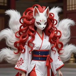 kitsune woman nekomimi fancy haircut, full body, intrincate, red and white,  gliter, depth of field, 8k, hyper detailed, trending on artstation